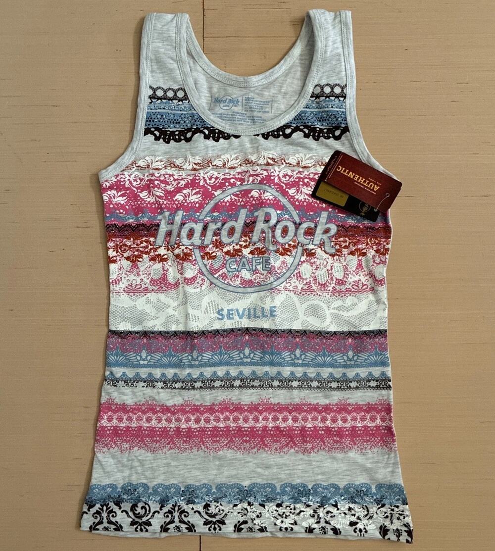 Hard Rock Cafe Seville Junior Fit Size S Grey Lace Print Tank Top Brand New